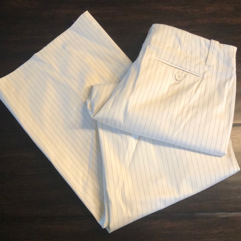 NY&Co. cream dress pants with black pinstripes
